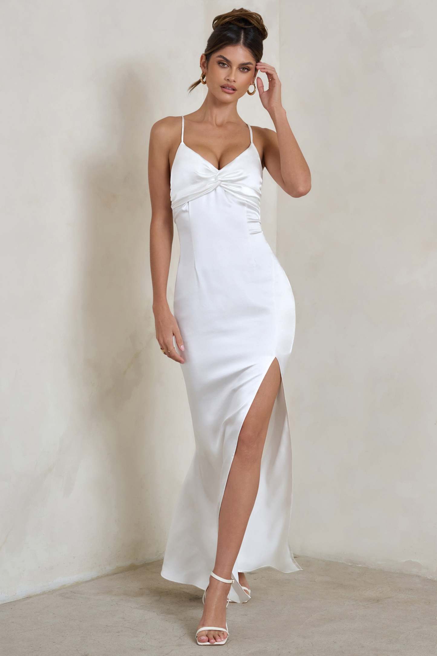 Ami White Satin Plunge Fishtail Maxi Dress-Fashionmomo.All Rights Reserved