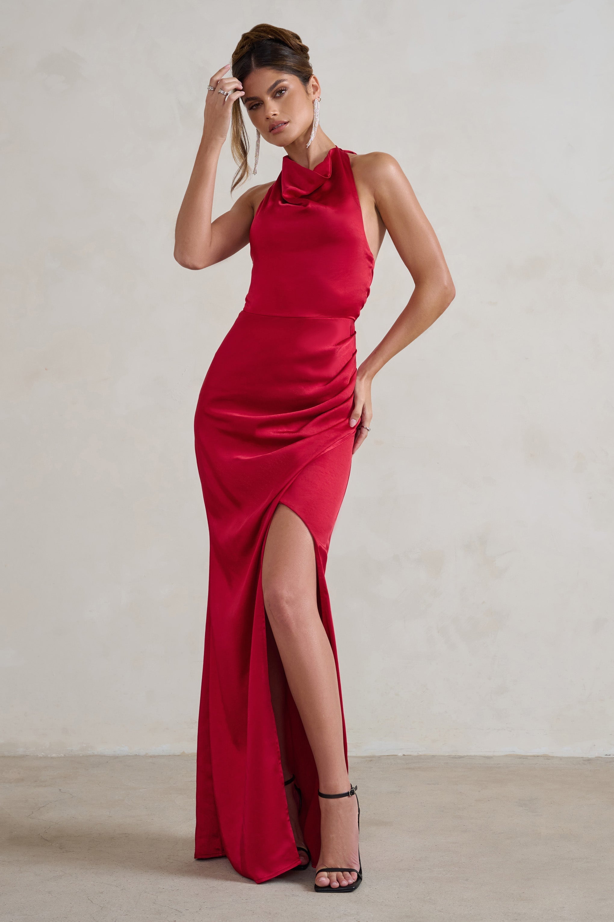 Forever Feature Berry Red High Neck Wrap Maxi Dress-Fashionmomo.All Rights Reserved