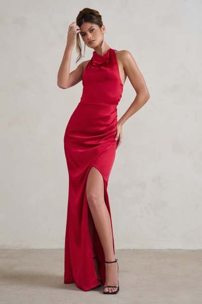 Forever Feature Berry Red High Neck Wrap Maxi Dress-Fashionmomo.All Rights Reserved