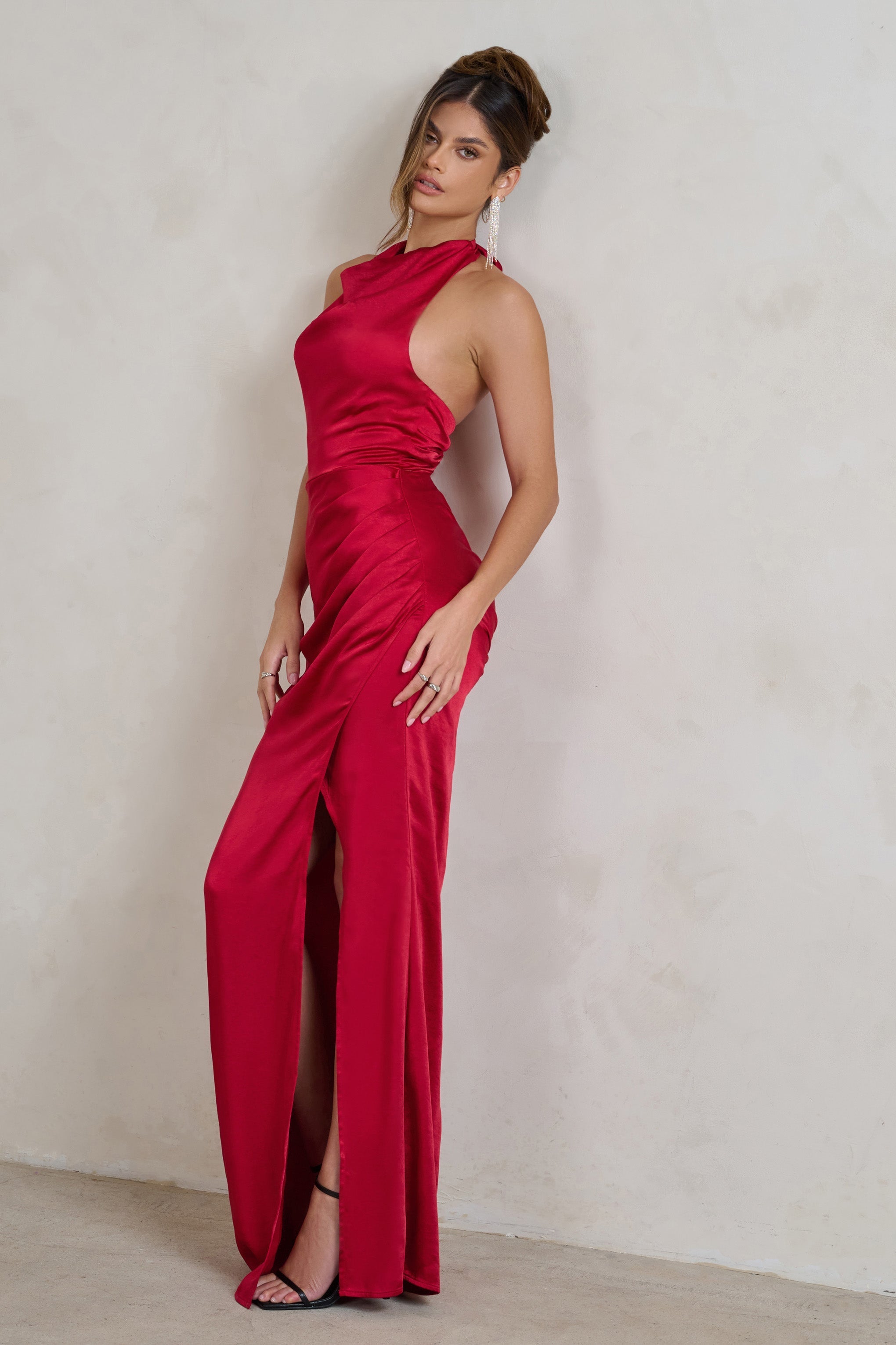 Forever Feature Berry Red High Neck Wrap Maxi Dress-Fashionmomo.All Rights Reserved