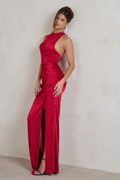 Forever Feature Berry Red High Neck Wrap Maxi Dress-Fashionmomo.All Rights Reserved