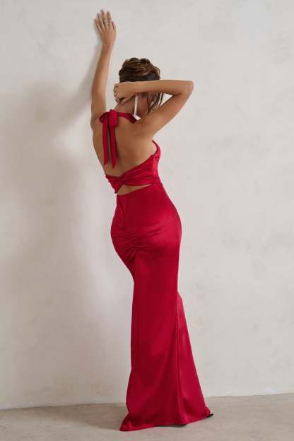 Forever Feature Berry Red High Neck Wrap Maxi Dress-Fashionmomo.All Rights Reserved