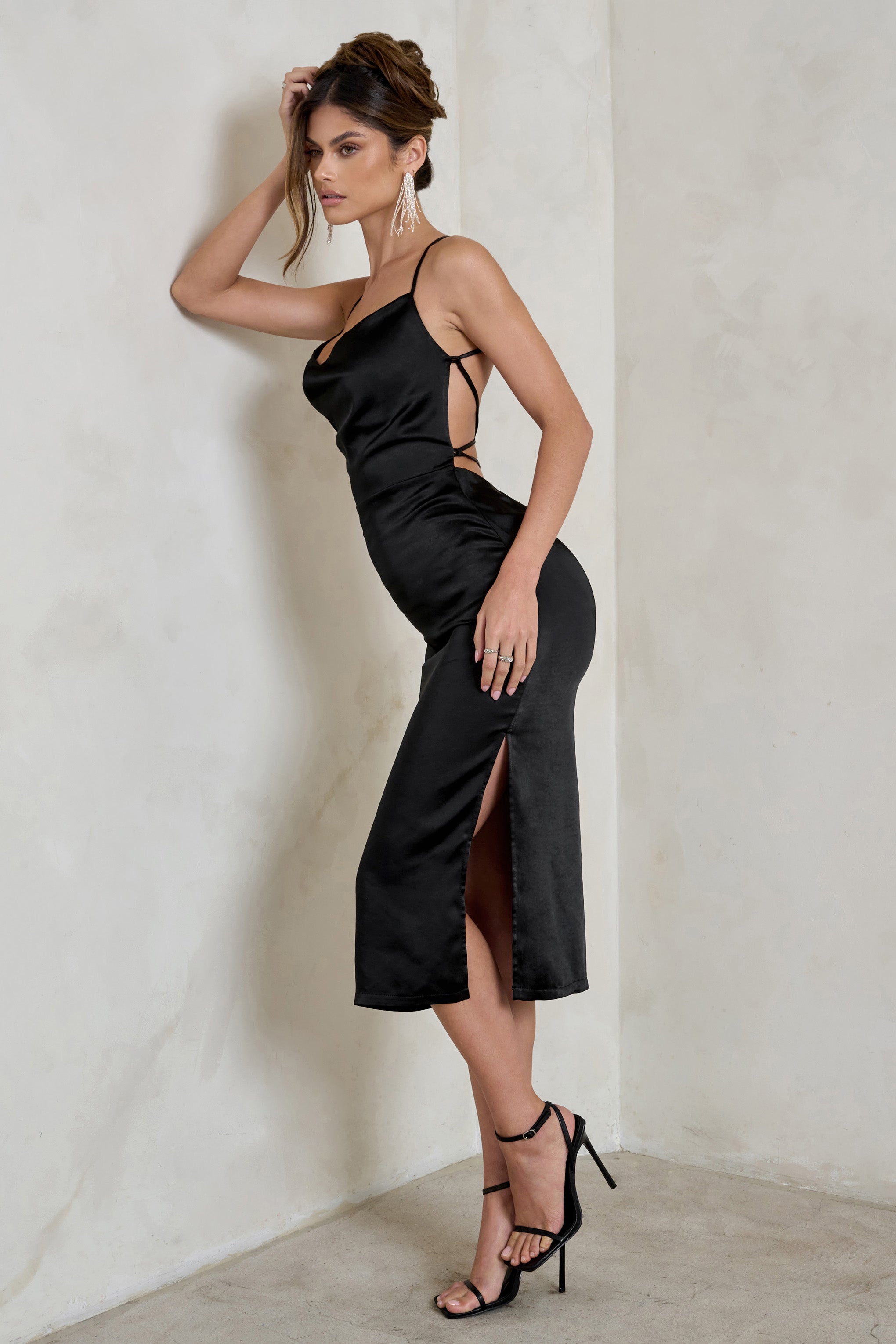 Aja Black Cowl Cami Midi Dress With Waist Tie-Fashionmomo.All Rights Reserved