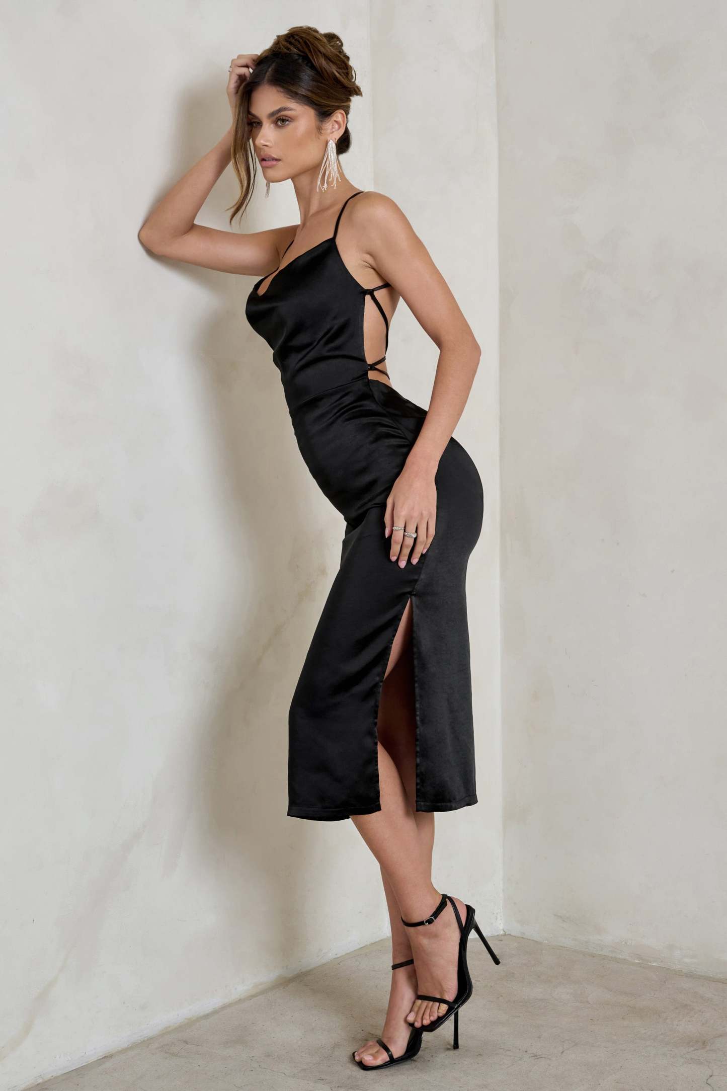 Aja Black Cowl Cami Midi Dress With Waist Tie-Fashionmomo.All Rights Reserved