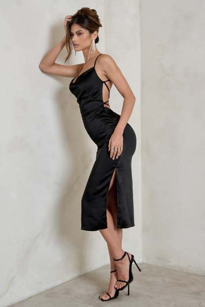 Aja Black Cowl Cami Midi Dress With Waist Tie-Fashionmomo.All Rights Reserved
