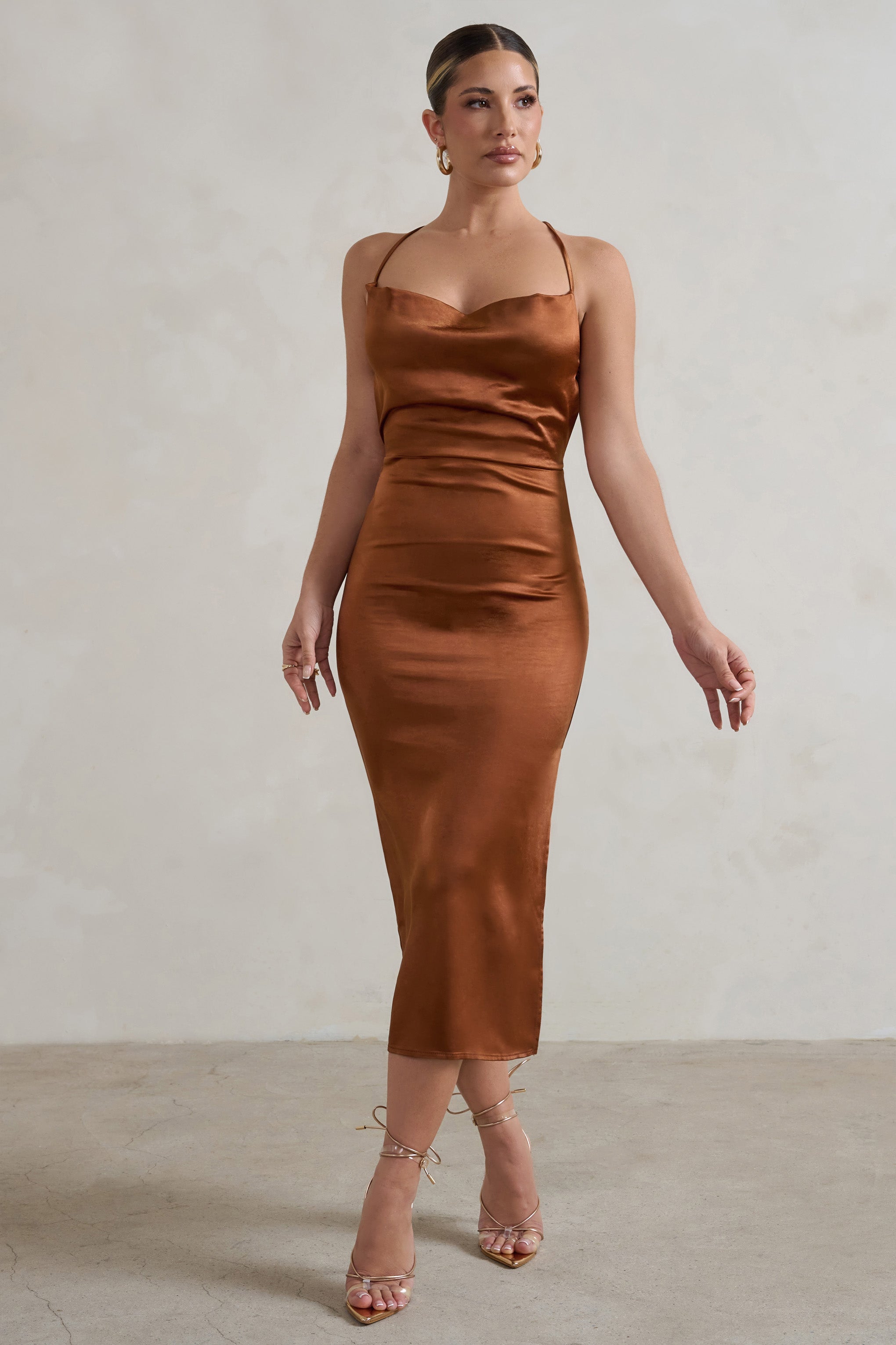 Aja Copper Cowl Cami Midi Dress With Waist Tie-Fashionmomo.All Rights Reserved