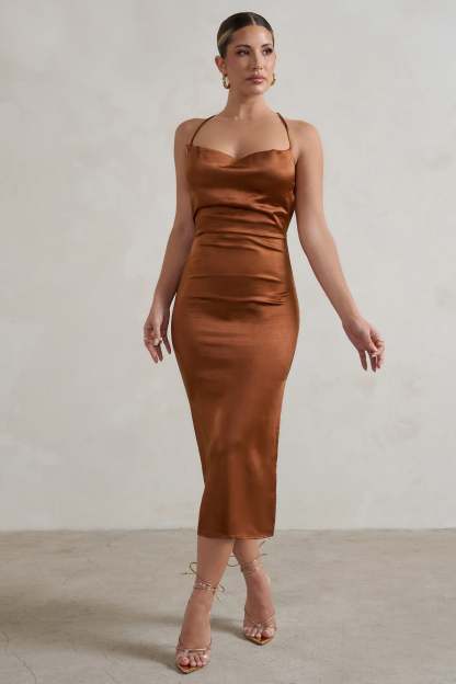 Aja Copper Cowl Cami Midi Dress With Waist Tie-Fashionmomo.All Rights Reserved