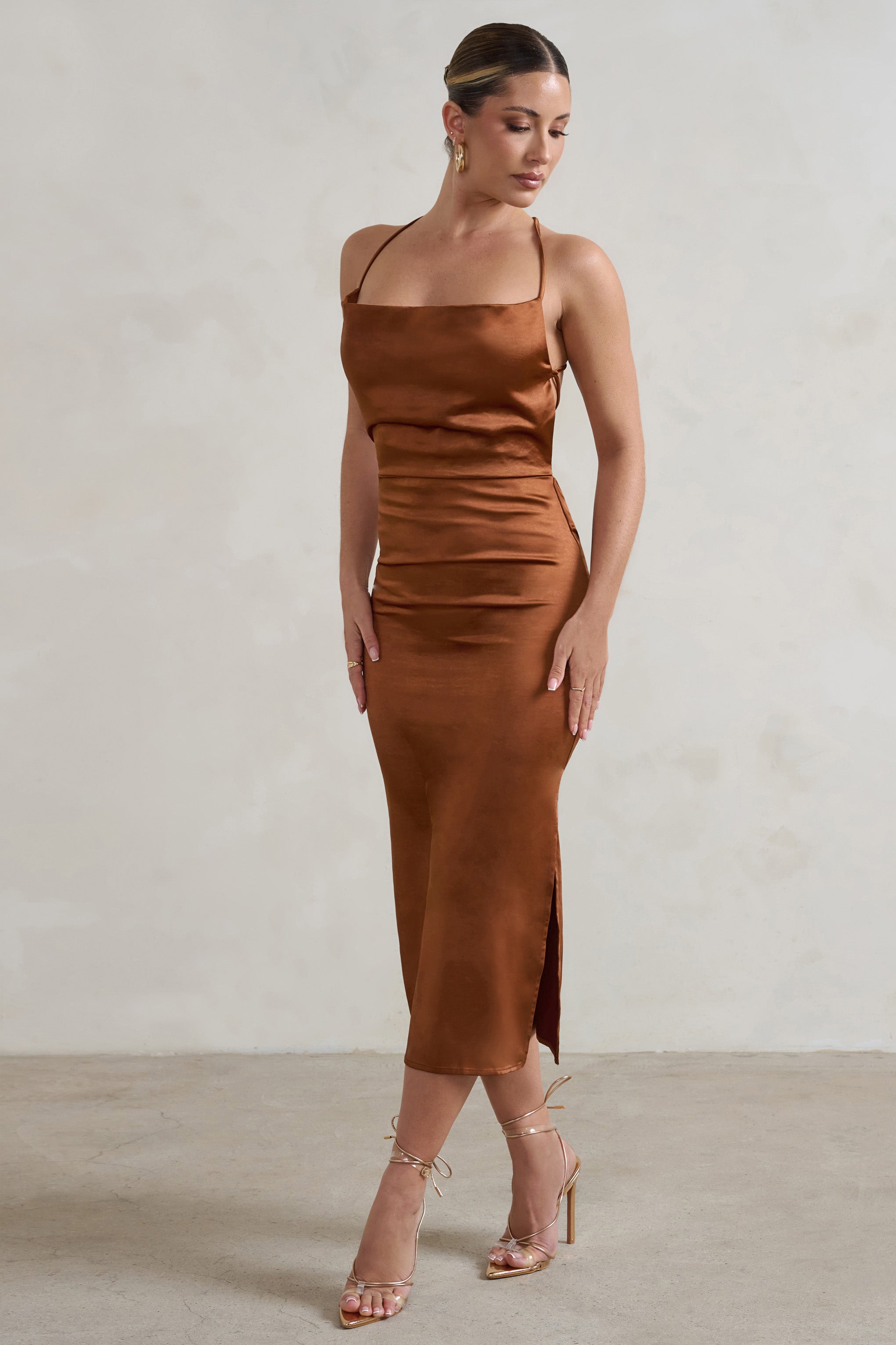 Aja Copper Cowl Cami Midi Dress With Waist Tie-Fashionmomo.All Rights Reserved