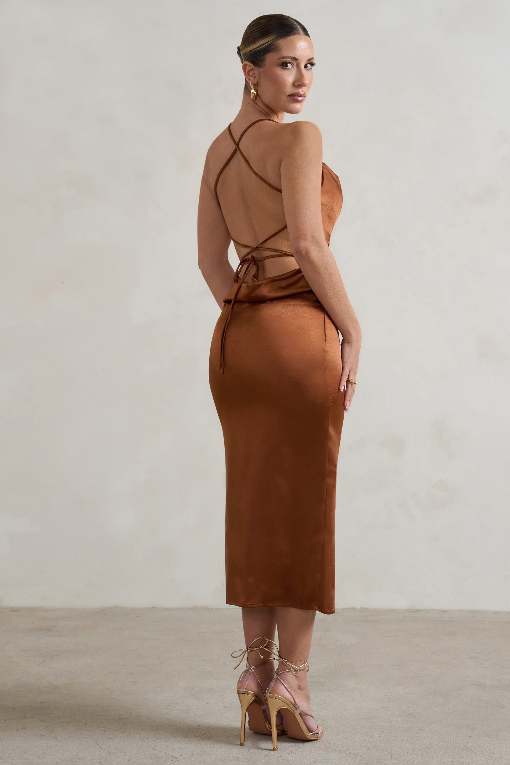Aja Copper Cowl Cami Midi Dress With Waist Tie-Fashionmomo.All Rights Reserved