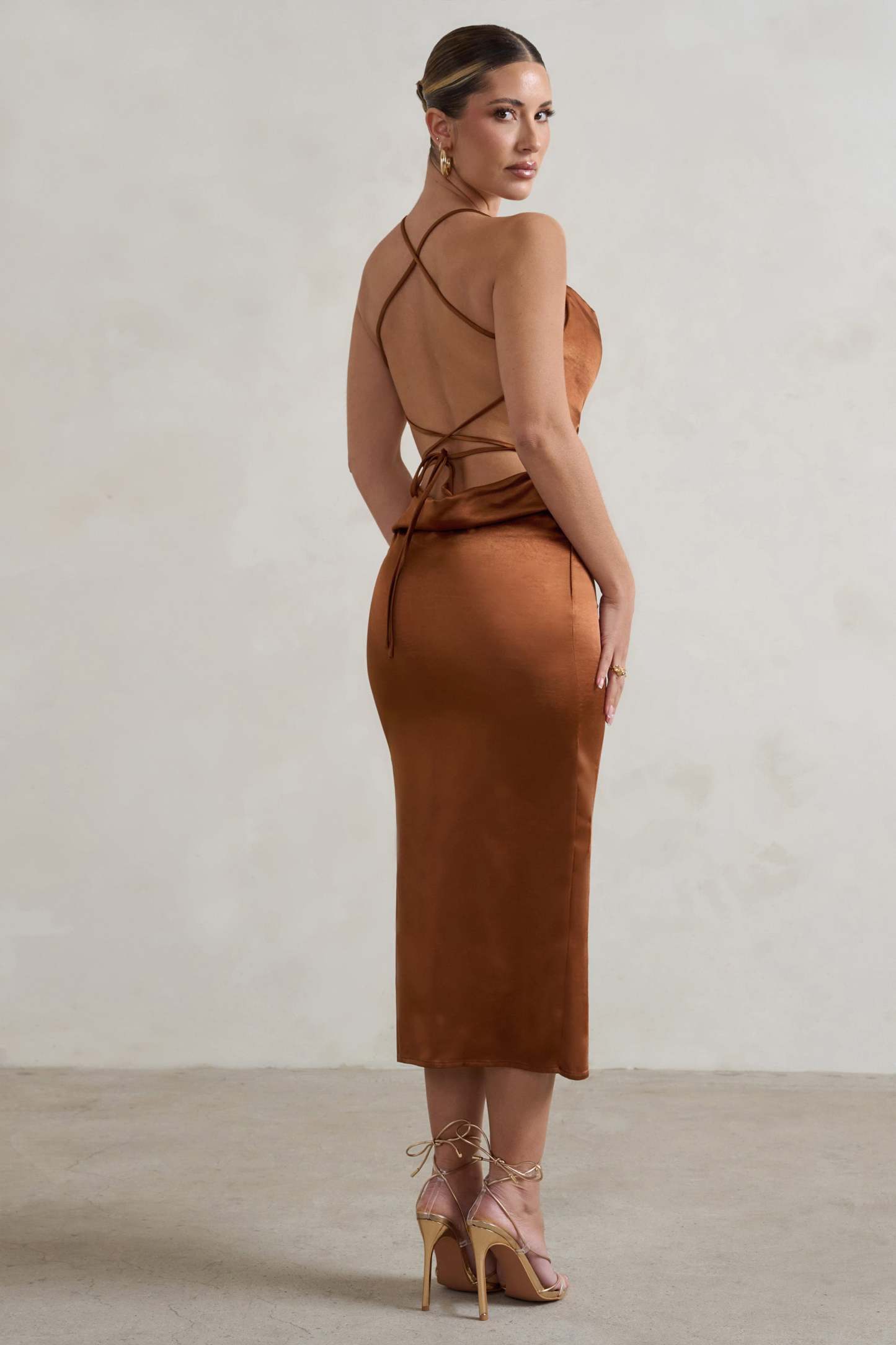 Aja Copper Cowl Cami Midi Dress With Waist Tie-Fashionmomo.All Rights Reserved