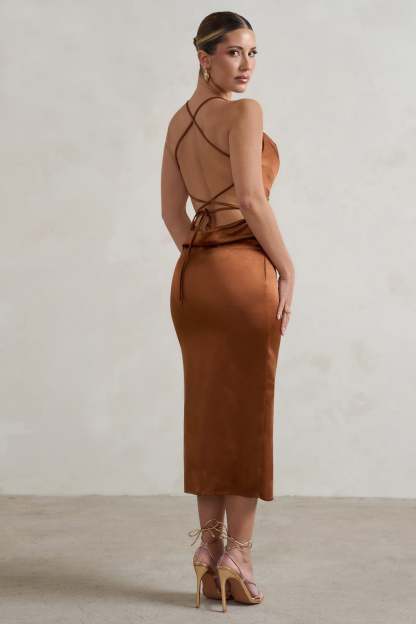 Aja Copper Cowl Cami Midi Dress With Waist Tie-Fashionmomo.All Rights Reserved