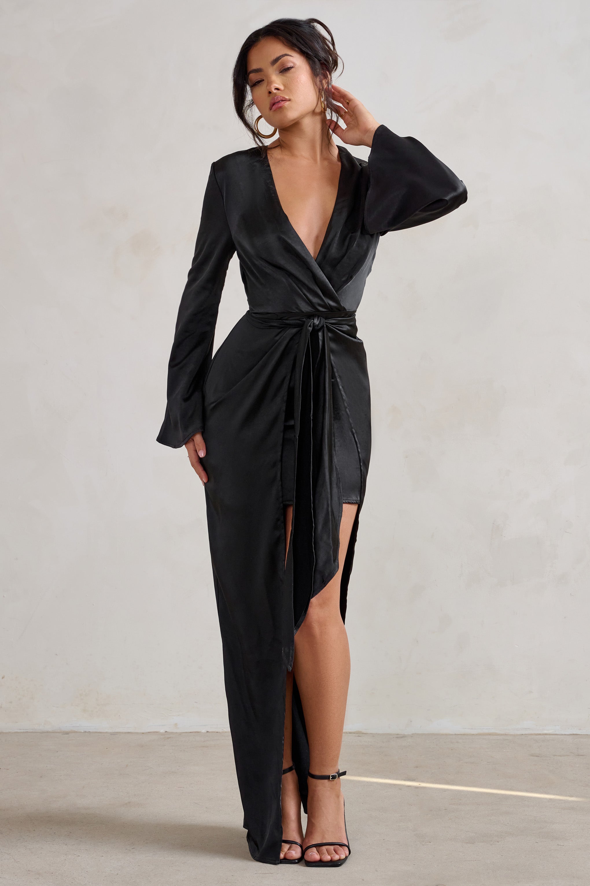 Patricia Black Extreme Plunge Long Sleeve Maxi Dress With Tie Detail-Fashionmomo.All Rights Reserved