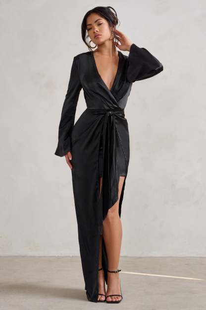 Patricia Black Extreme Plunge Long Sleeve Maxi Dress With Tie Detail-Fashionmomo.All Rights Reserved
