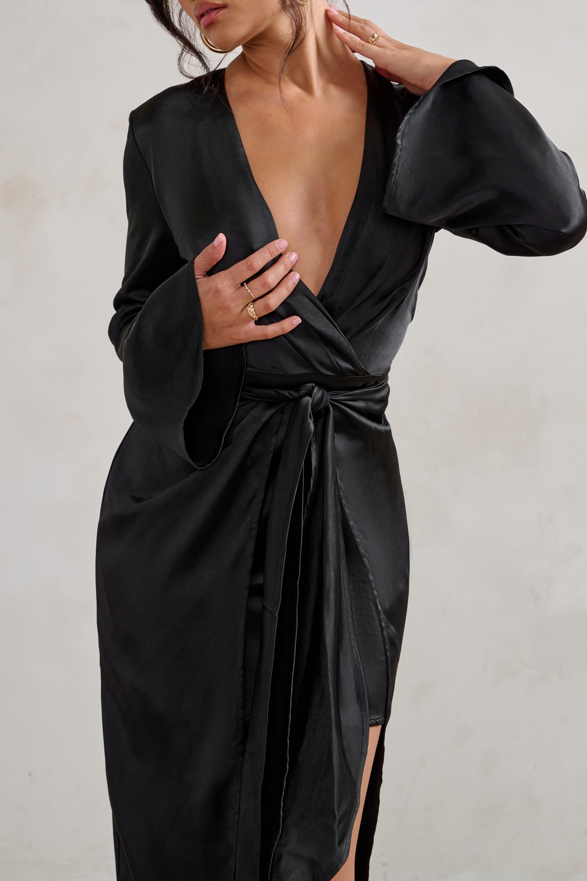 Patricia Black Extreme Plunge Long Sleeve Maxi Dress With Tie Detail-Fashionmomo.All Rights Reserved