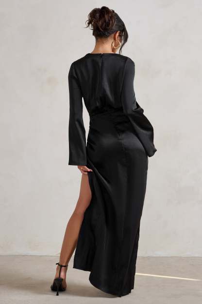 Patricia Black Extreme Plunge Long Sleeve Maxi Dress With Tie Detail-Fashionmomo.All Rights Reserved