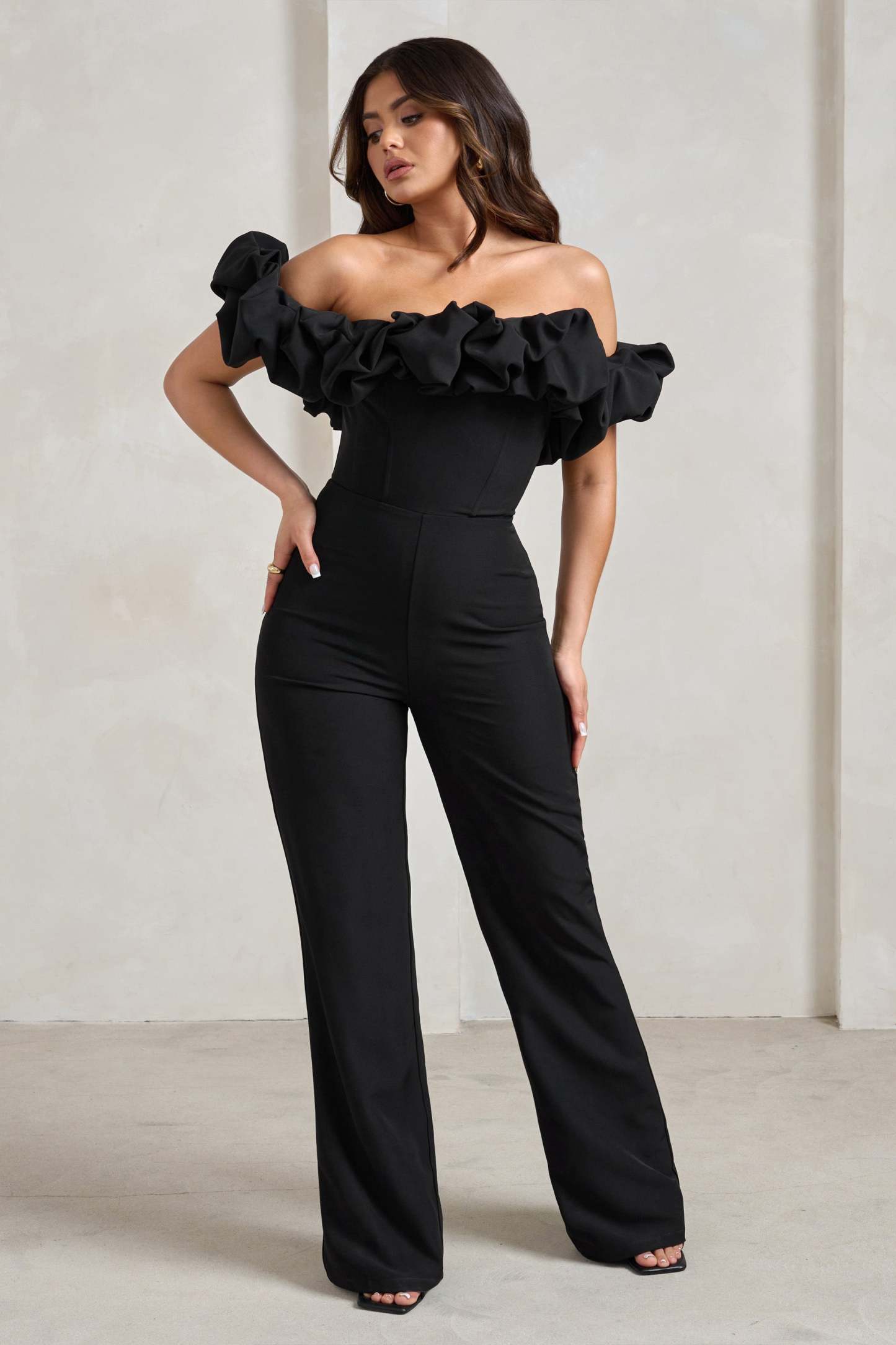 Esmie Black Structured Statement Bardot Wide Leg Jumpsuit-Fashionmomo.All Rights Reserved