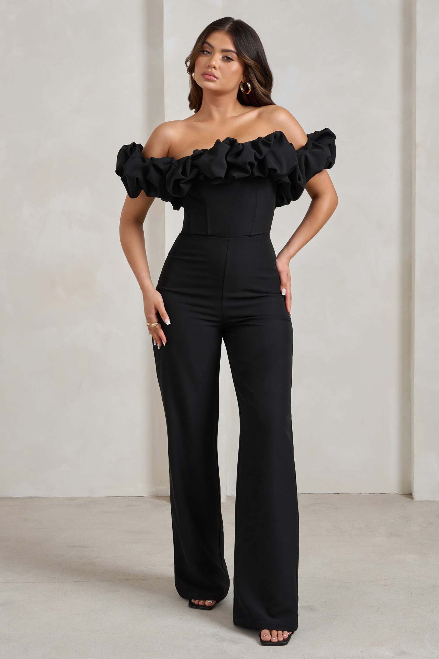 Esmie Black Structured Statement Bardot Wide Leg Jumpsuit-Fashionmomo.All Rights Reserved