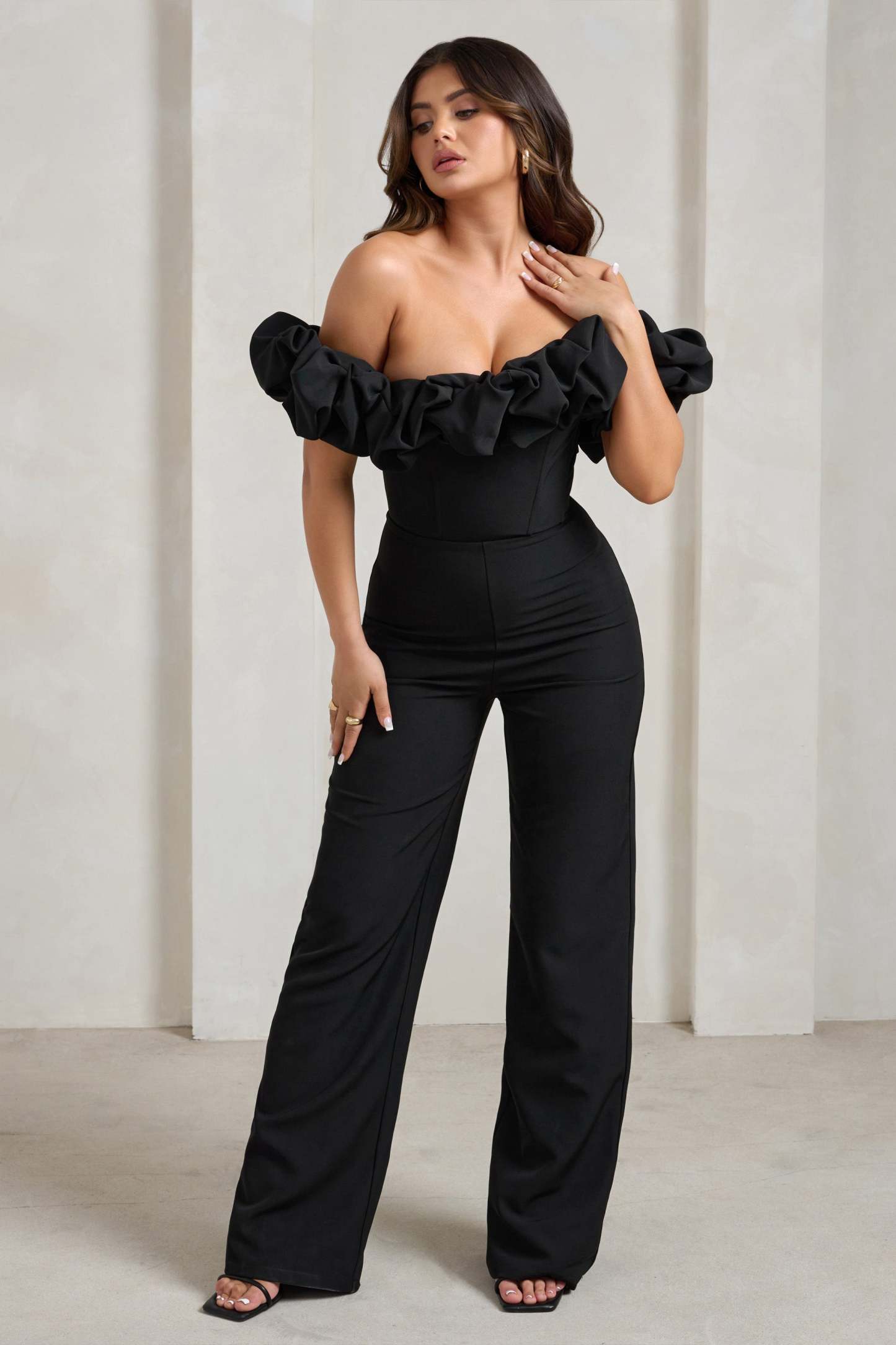 Esmie Black Structured Statement Bardot Wide Leg Jumpsuit-Fashionmomo.All Rights Reserved