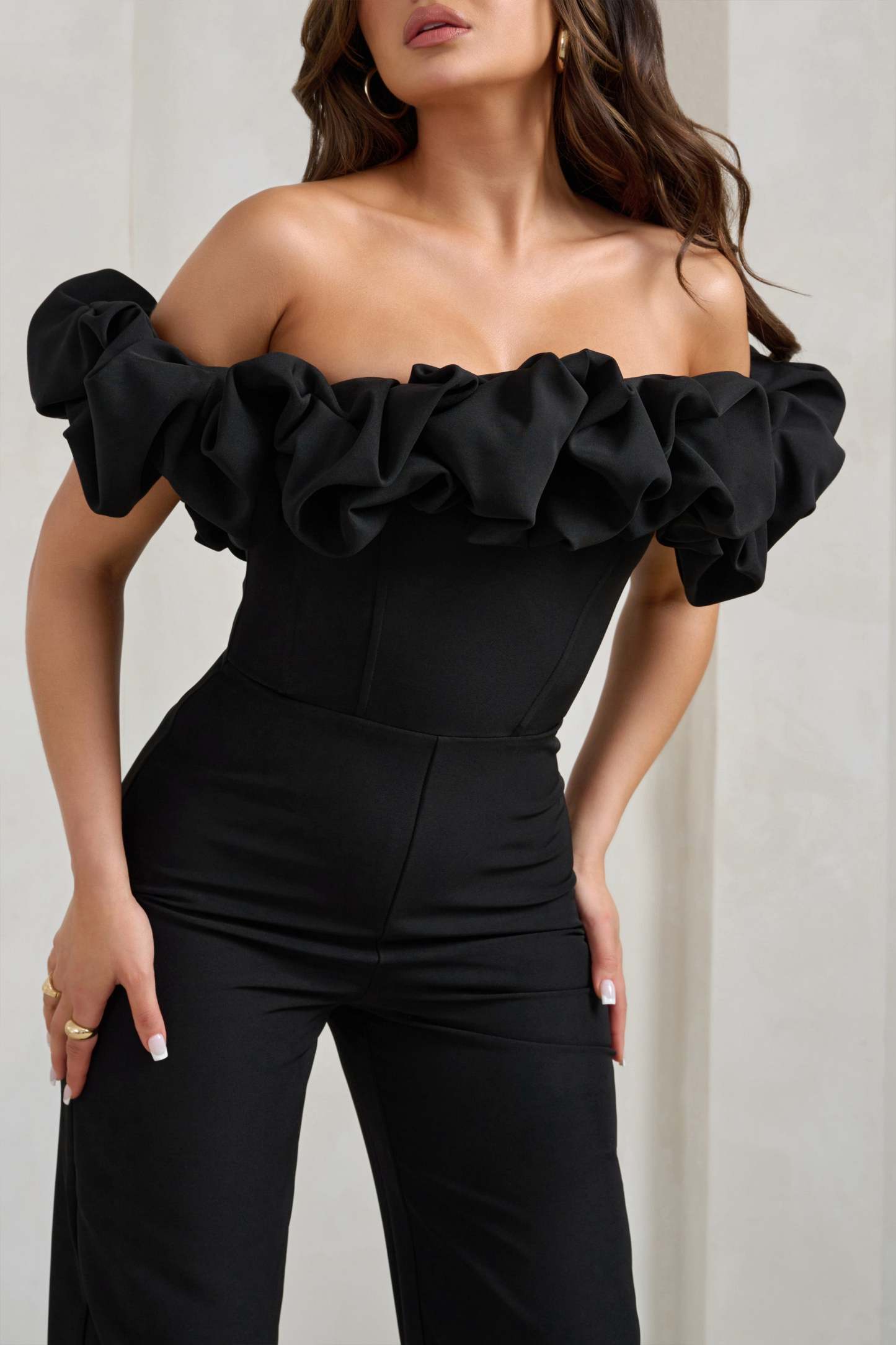 Esmie Black Structured Statement Bardot Wide Leg Jumpsuit-Fashionmomo.All Rights Reserved