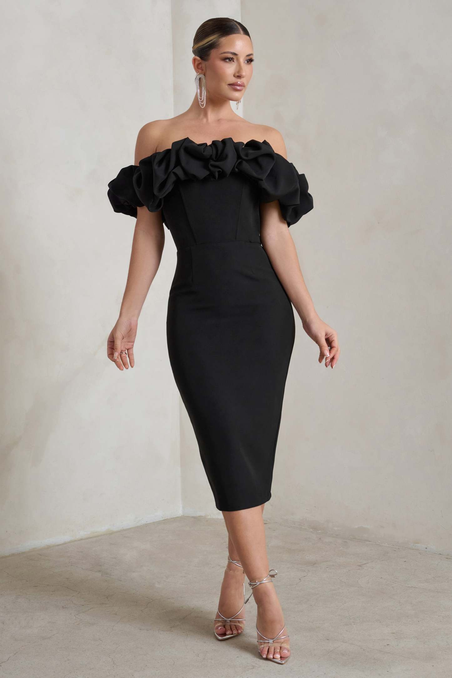 Estie Black Structured Statement Bardot Midi Dress-Fashionmomo.All Rights Reserved