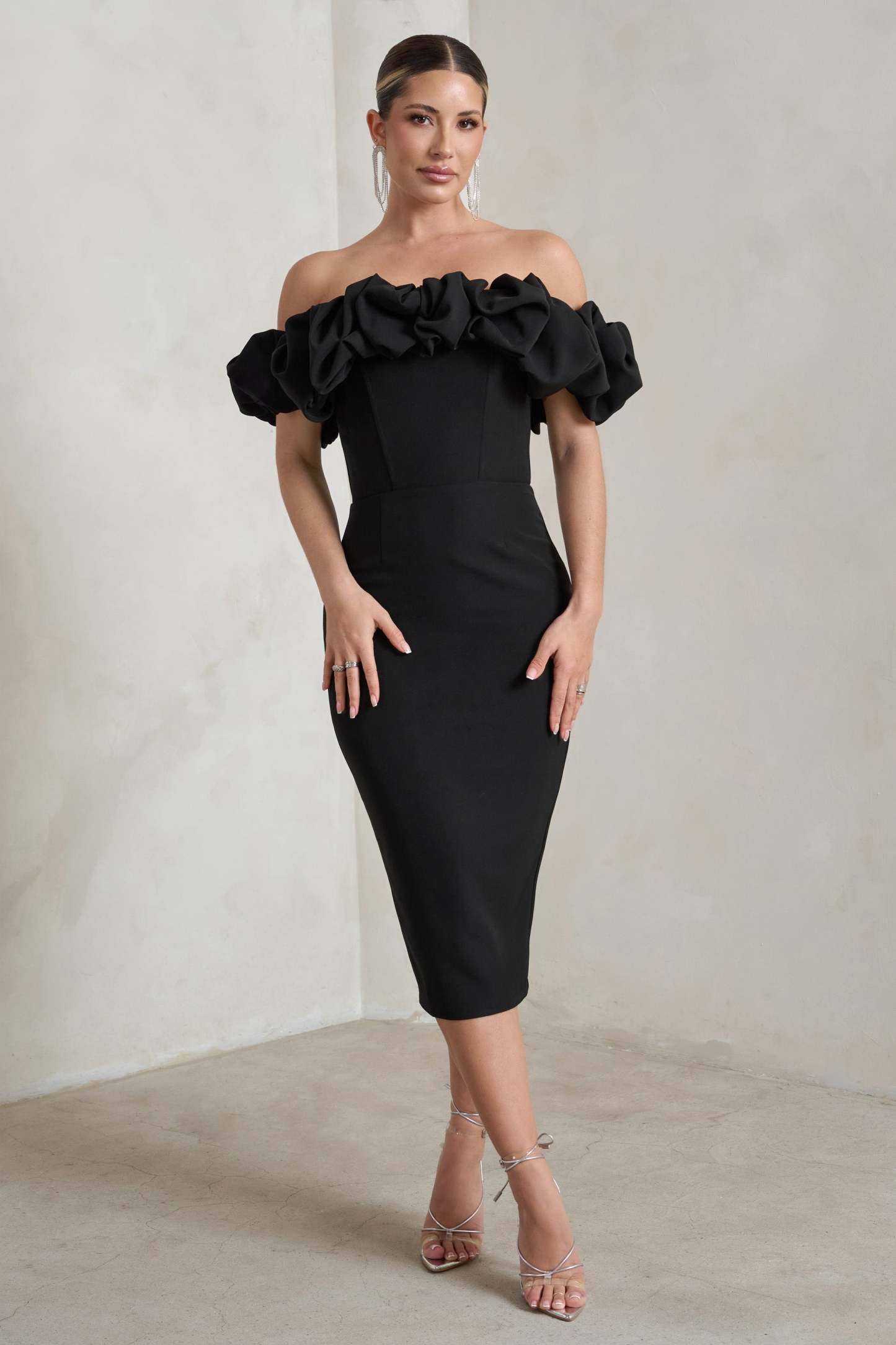 Estie Black Structured Statement Bardot Midi Dress-Fashionmomo.All Rights Reserved