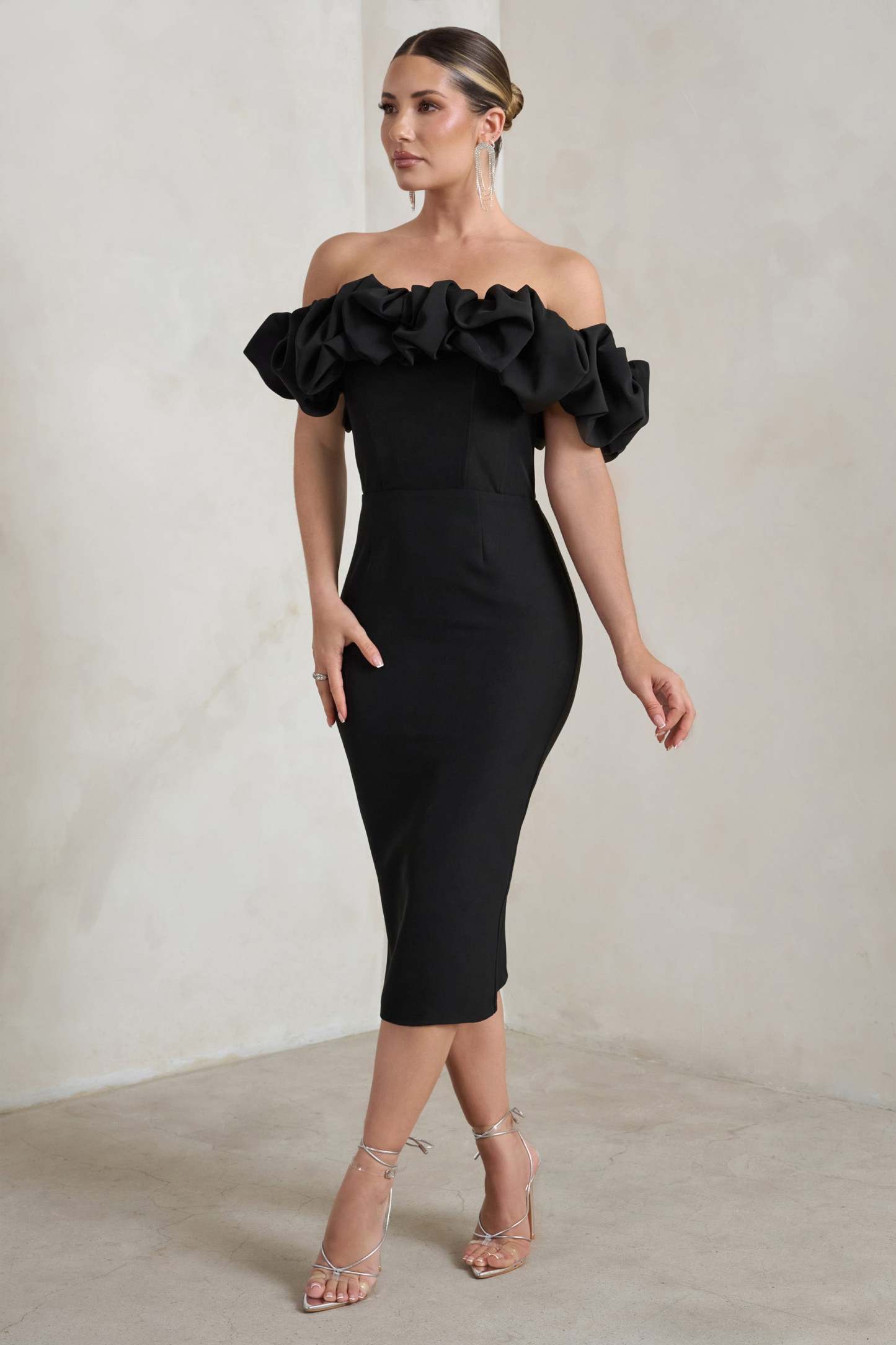 Estie Black Structured Statement Bardot Midi Dress-Fashionmomo.All Rights Reserved