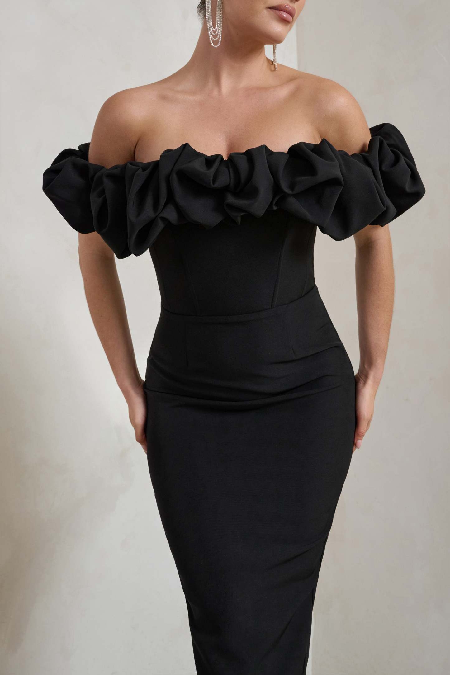 Estie Black Structured Statement Bardot Midi Dress-Fashionmomo.All Rights Reserved