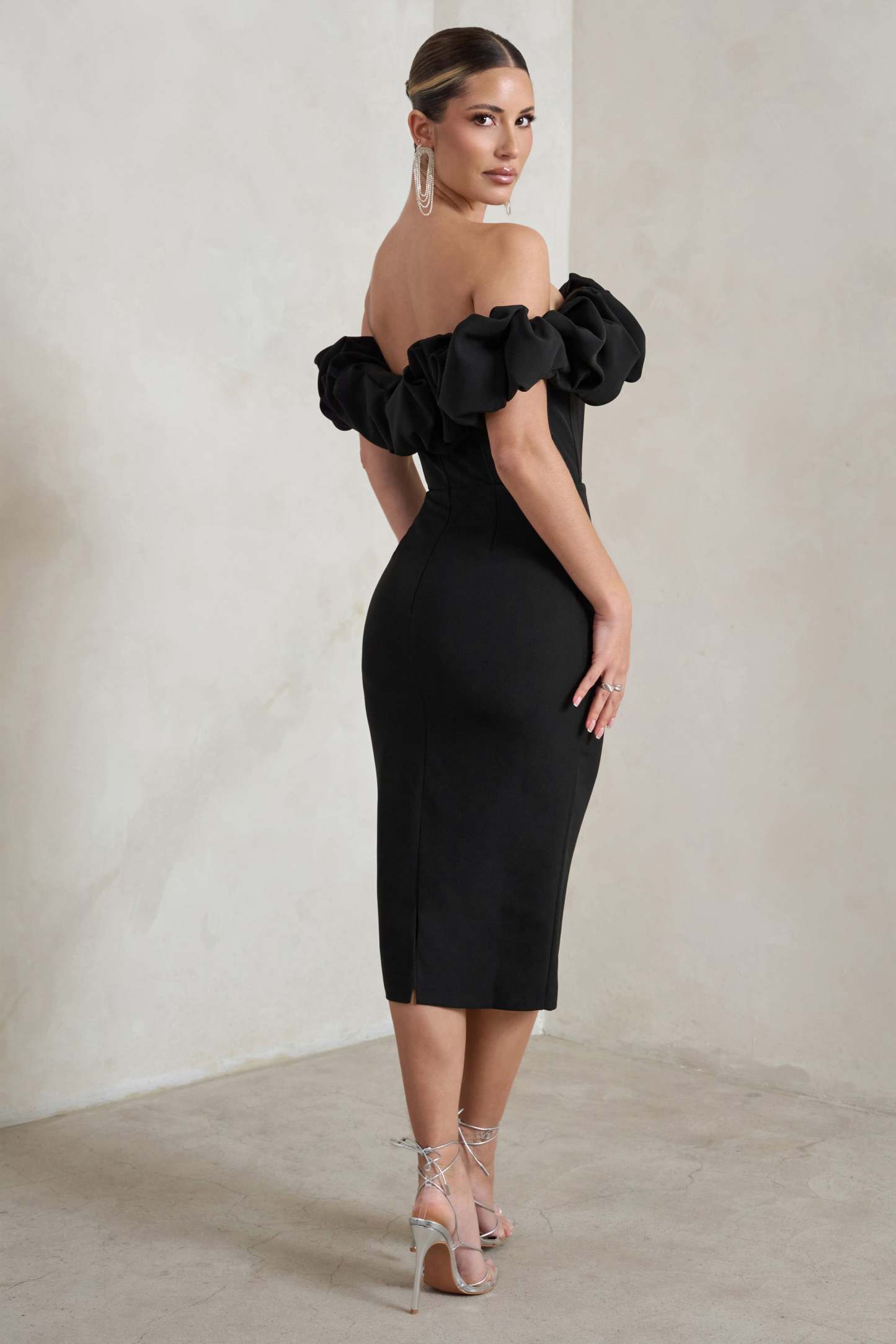 Estie Black Structured Statement Bardot Midi Dress-Fashionmomo.All Rights Reserved