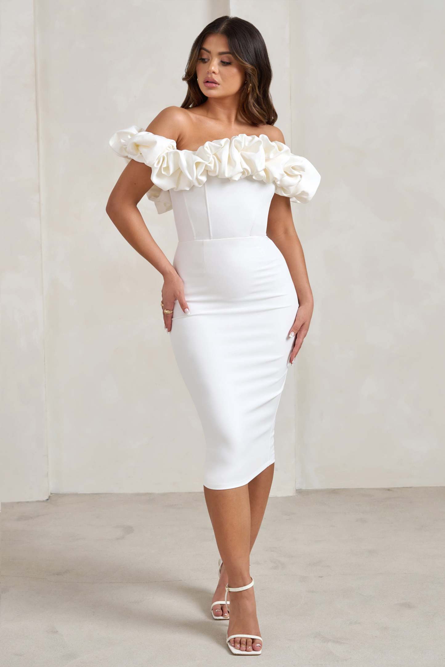 Estie White Structured Statement Bardot Midi Dress-Fashionmomo.All Rights Reserved