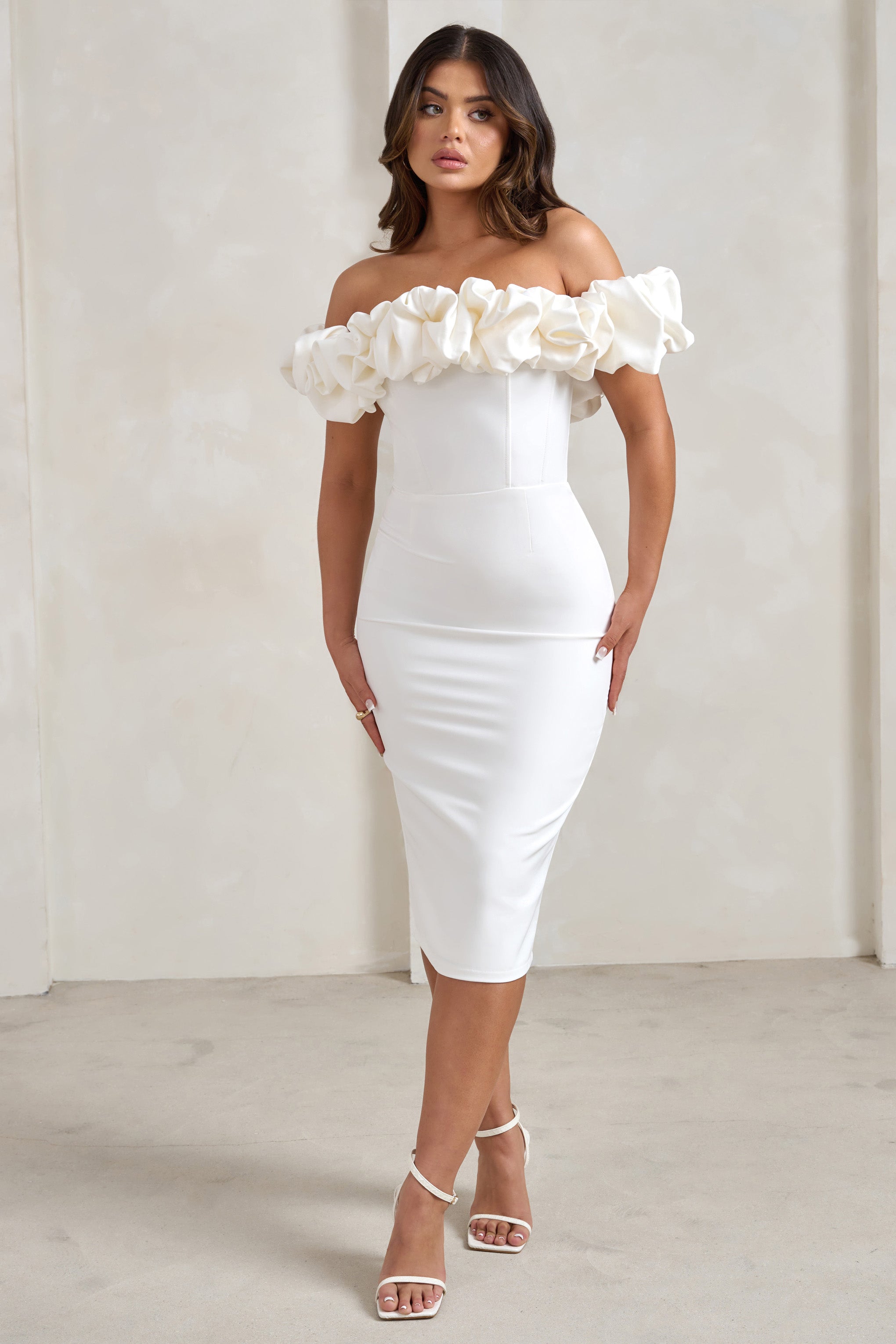 Estie White Structured Statement Bardot Midi Dress-Fashionmomo.All Rights Reserved