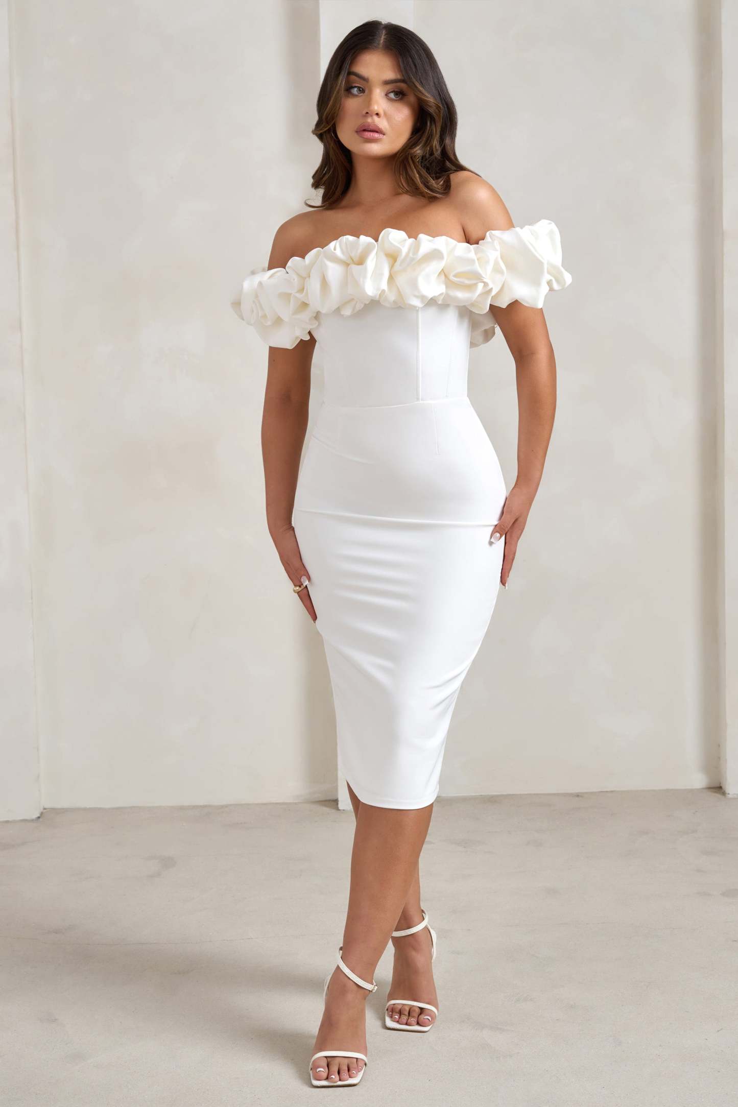 Estie White Structured Statement Bardot Midi Dress-Fashionmomo.All Rights Reserved