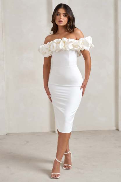 Estie White Structured Statement Bardot Midi Dress-Fashionmomo.All Rights Reserved