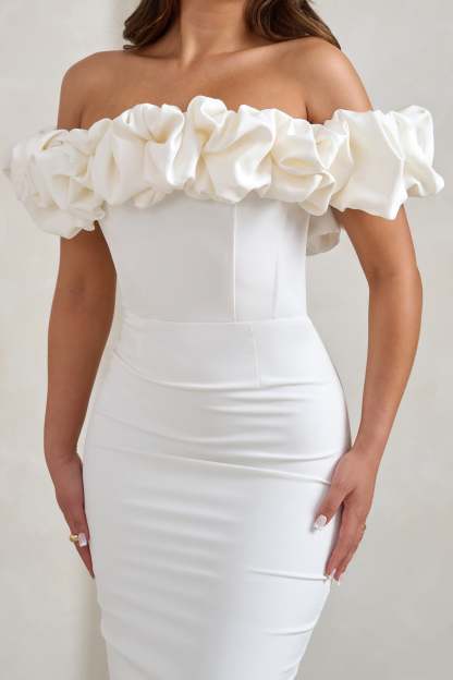 Estie White Structured Statement Bardot Midi Dress-Fashionmomo.All Rights Reserved
