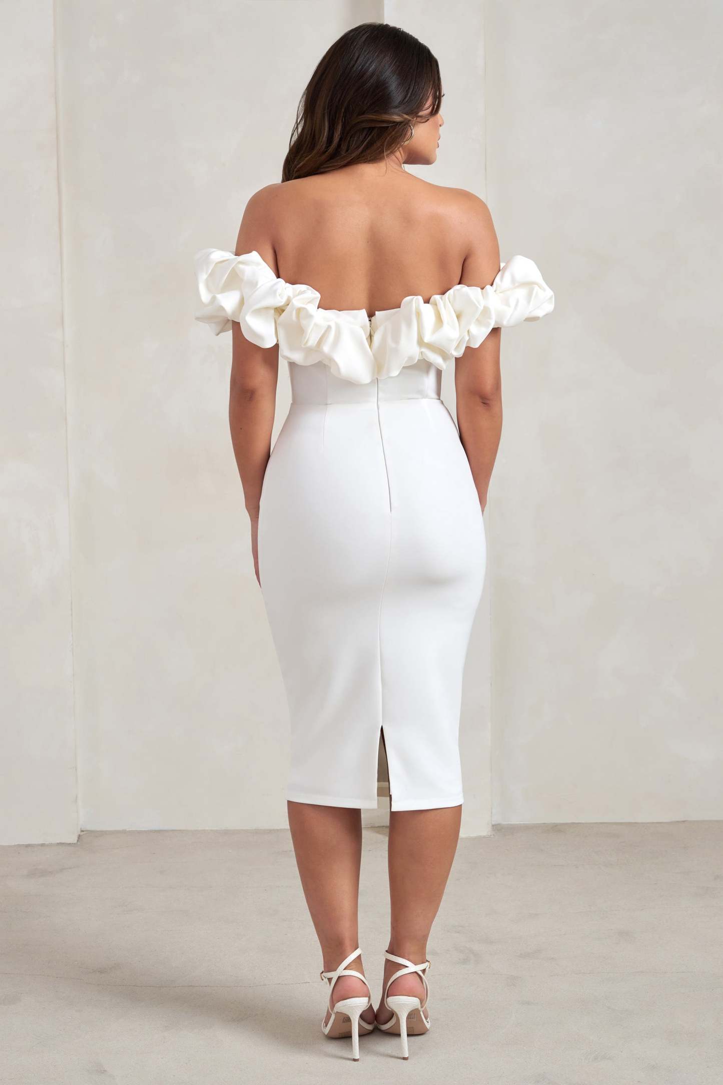 Estie White Structured Statement Bardot Midi Dress-Fashionmomo.All Rights Reserved