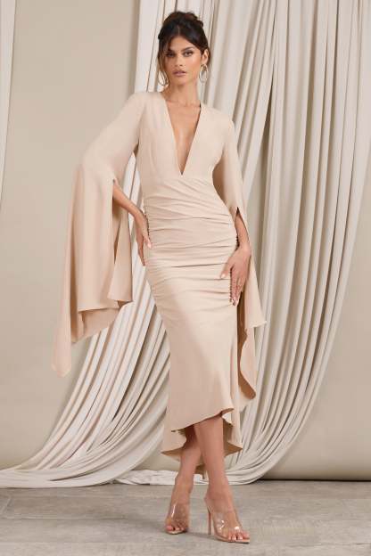 Calla Champagne Ruched Long-Sleeved Flared Midi Dress-Fashionmomo.All Rights Reserved
