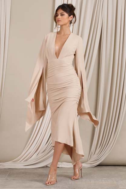 Calla Champagne Ruched Long-Sleeved Flared Midi Dress-Fashionmomo.All Rights Reserved