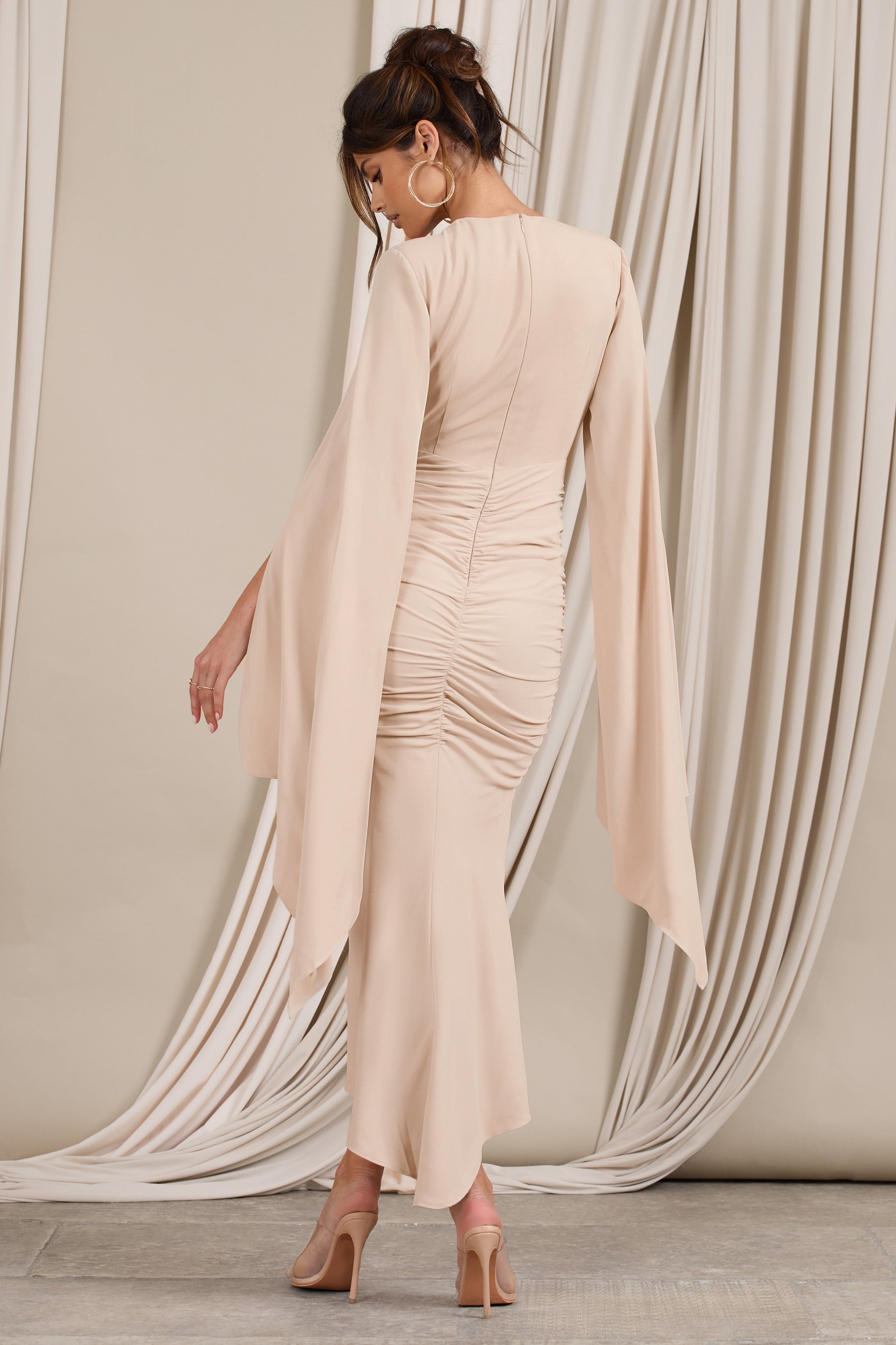 Calla Champagne Ruched Long-Sleeved Flared Midi Dress-Fashionmomo.All Rights Reserved