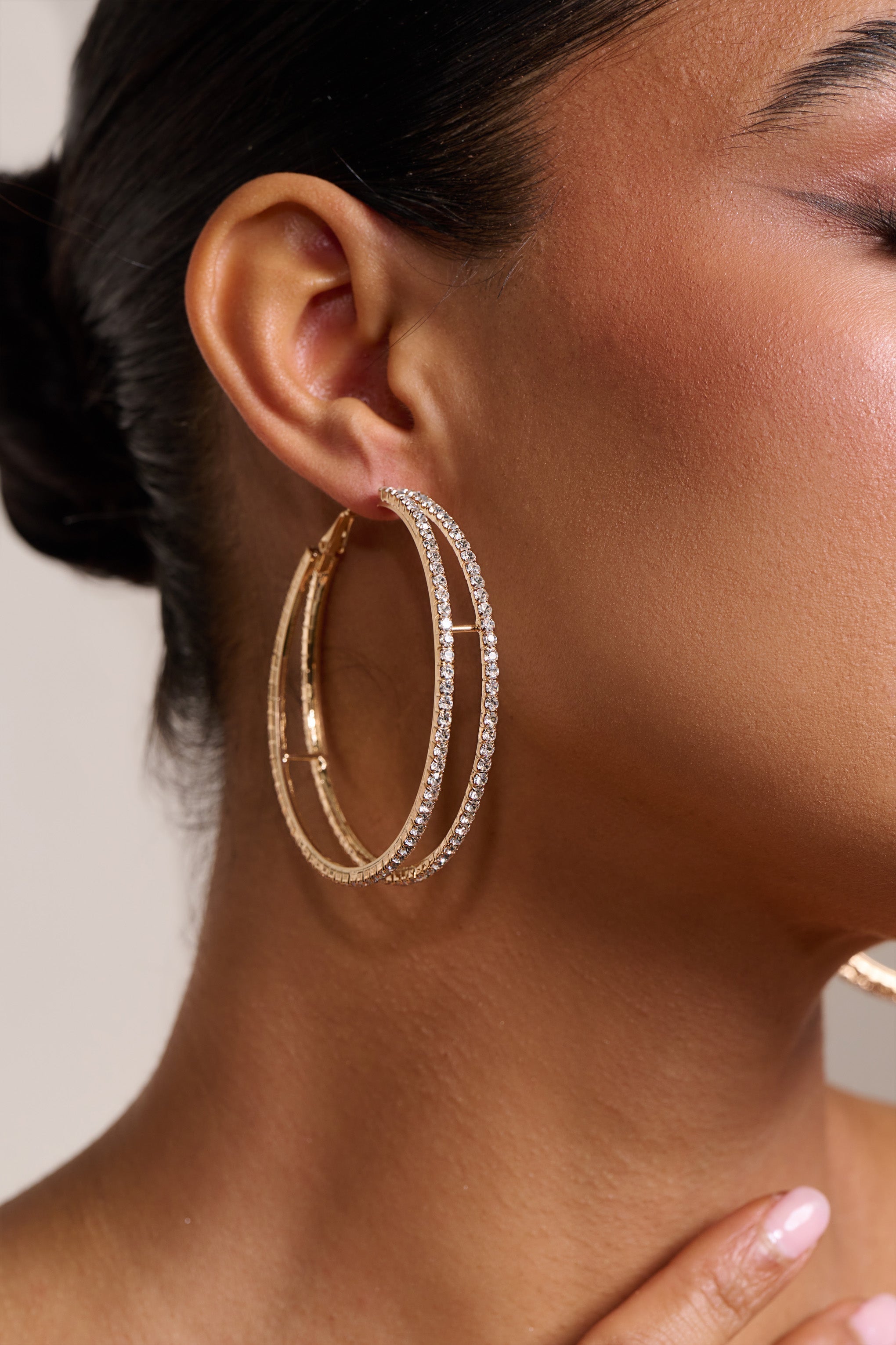 Callie Gold Diamante Double Layered Hoop Earrings-Fashionmomo.All Rights Reserved
