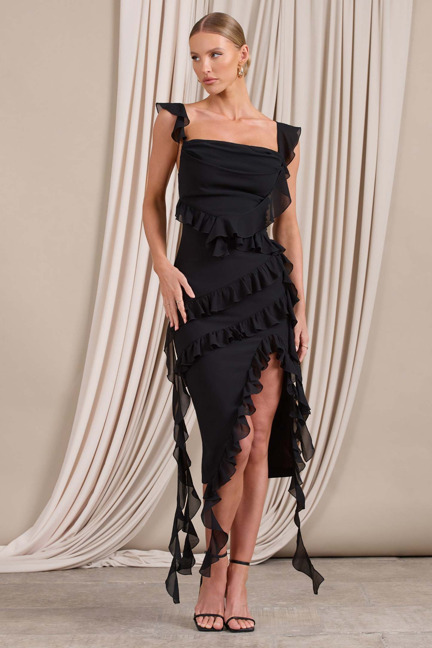 Havana Heat Black Cowl Ruffle Chiffon Midi Dress-Fashionmomo.All Rights Reserved
