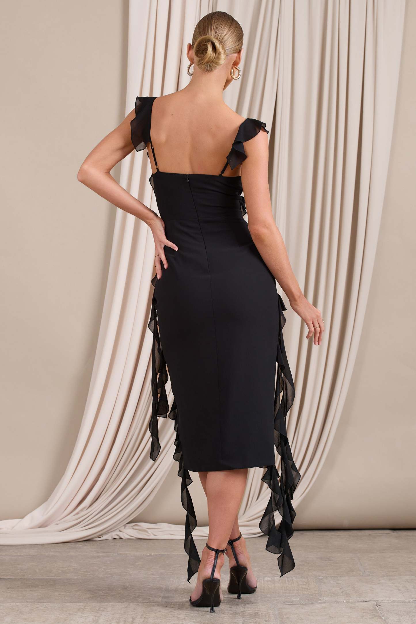 Havana Heat Black Cowl Ruffle Chiffon Midi Dress-Fashionmomo.All Rights Reserved