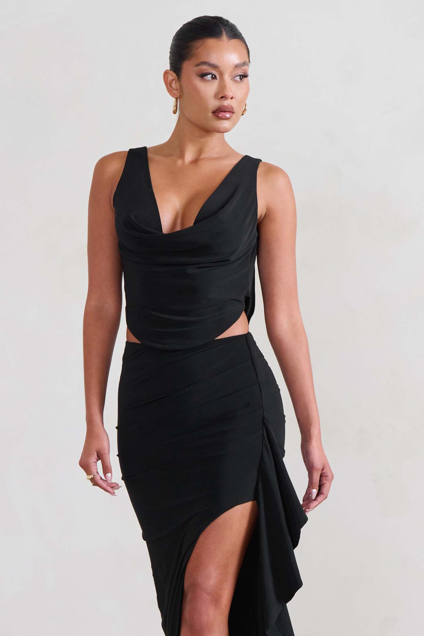 Femme Classique Black Cowl Crop Top-Fashionmomo.All Rights Reserved
