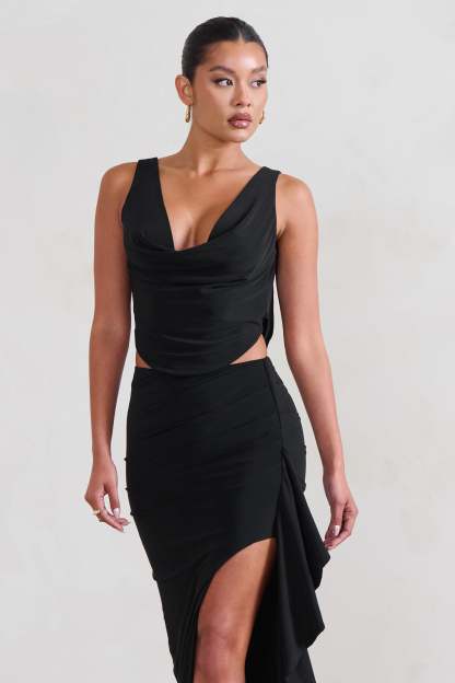Femme Classique Black Cowl Crop Top-Fashionmomo.All Rights Reserved