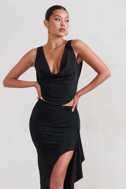 Femme Classique Black Cowl Crop Top-Fashionmomo.All Rights Reserved