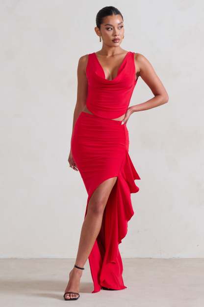 Femme Classique Red Cowl Crop Top-Fashionmomo.All Rights Reserved