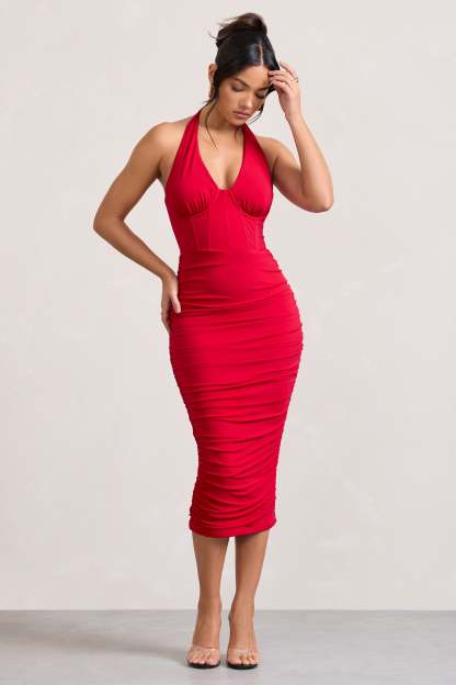 Amy Red Halter-Neck Corset Ruched Midi Dress-Fashionmomo.All Rights Reserved