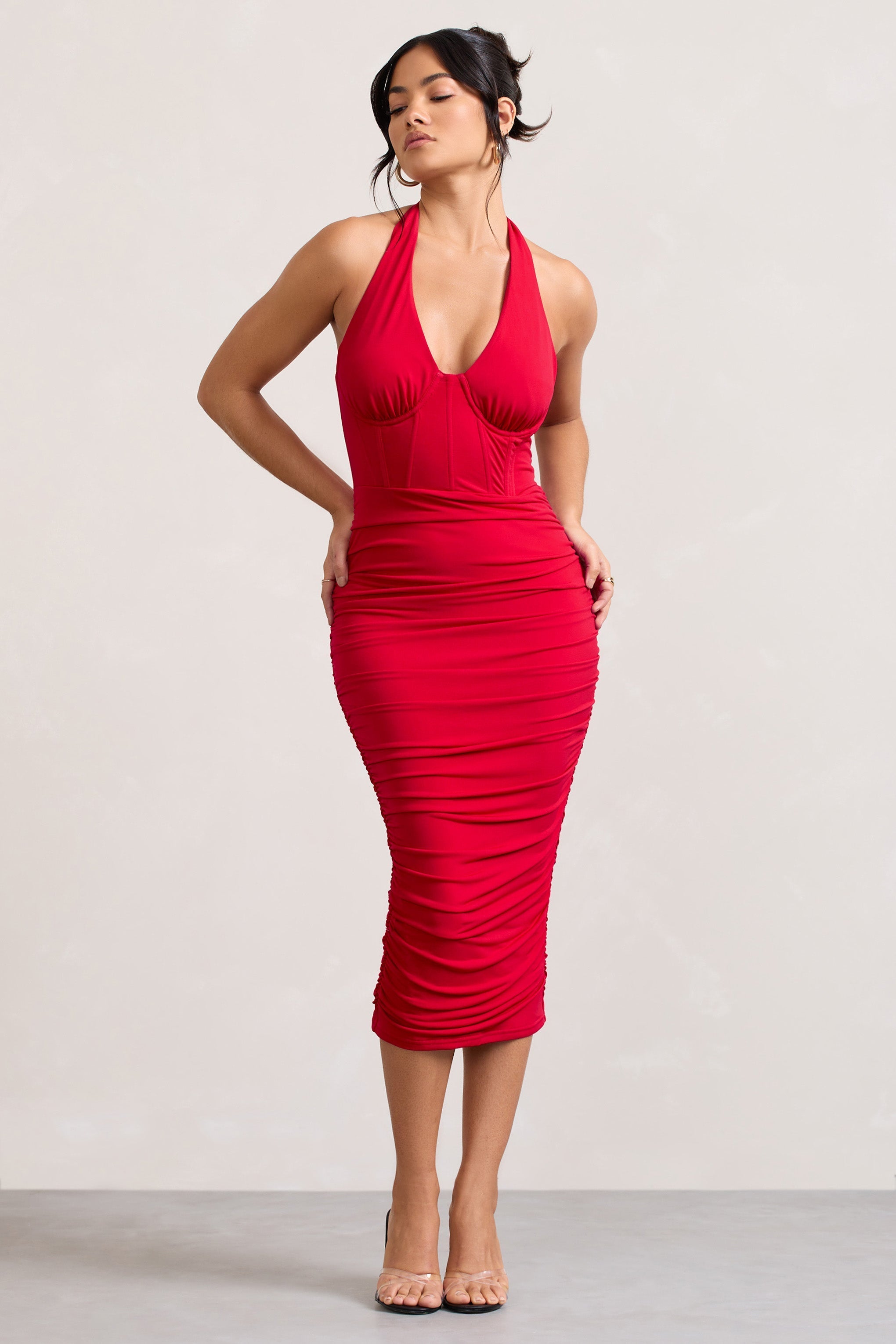 Amy Red Halter-Neck Corset Ruched Midi Dress-Fashionmomo.All Rights Reserved