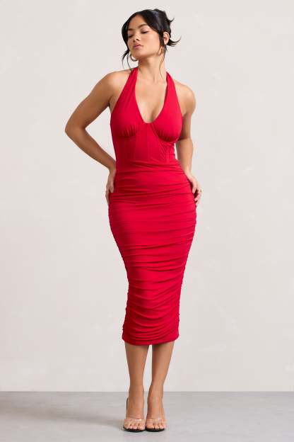 Amy Red Halter-Neck Corset Ruched Midi Dress-Fashionmomo.All Rights Reserved