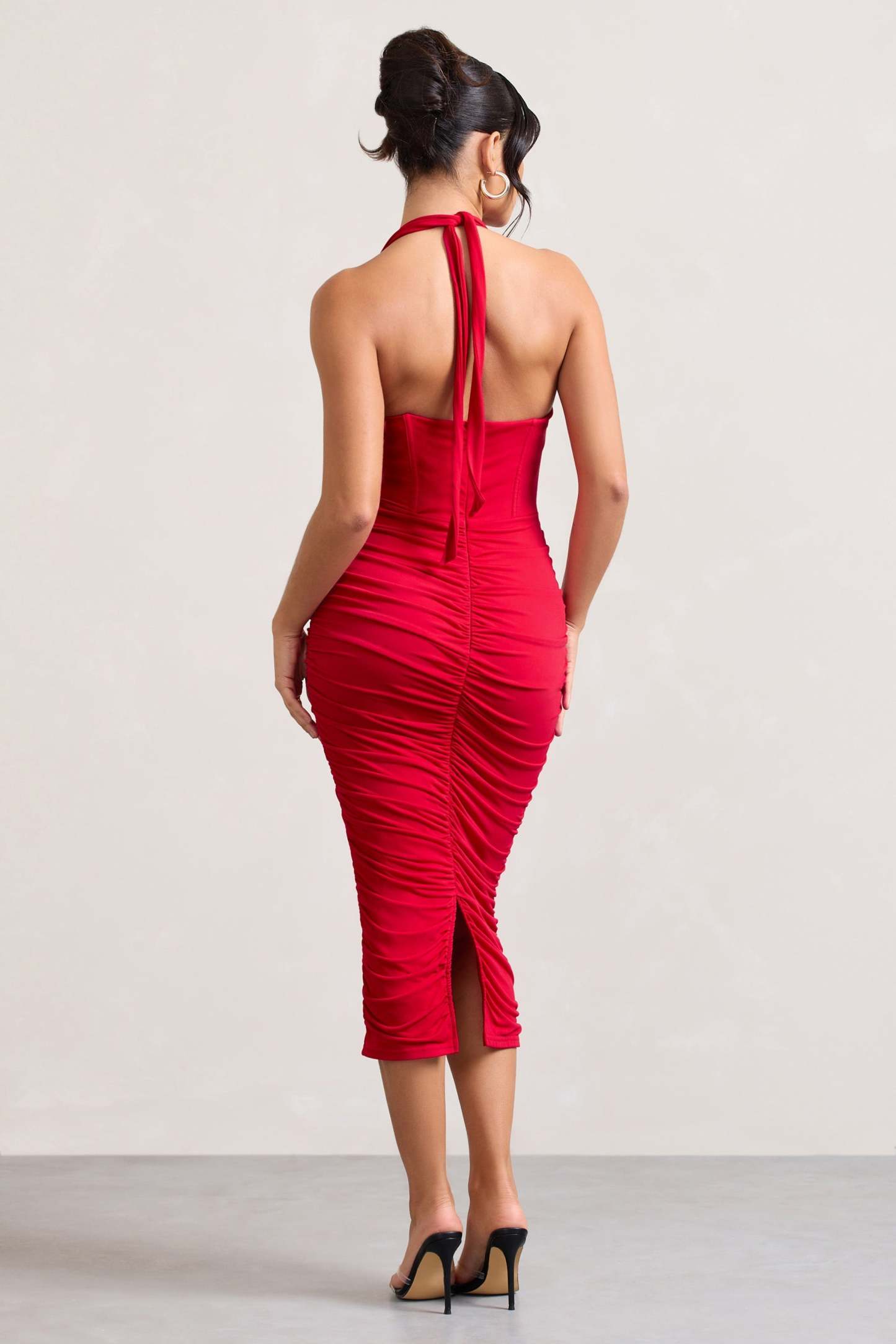 Amy Red Halter-Neck Corset Ruched Midi Dress-Fashionmomo.All Rights Reserved