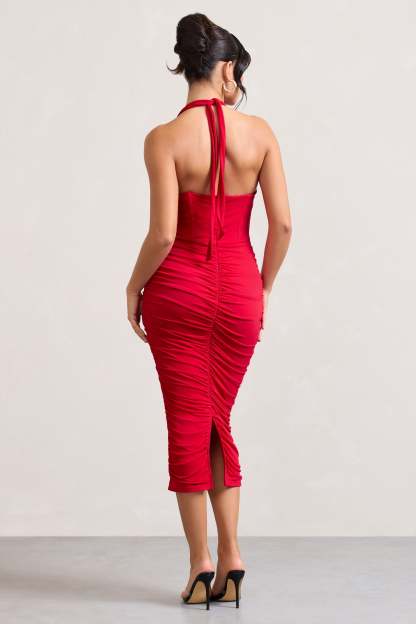 Amy Red Halter-Neck Corset Ruched Midi Dress-Fashionmomo.All Rights Reserved