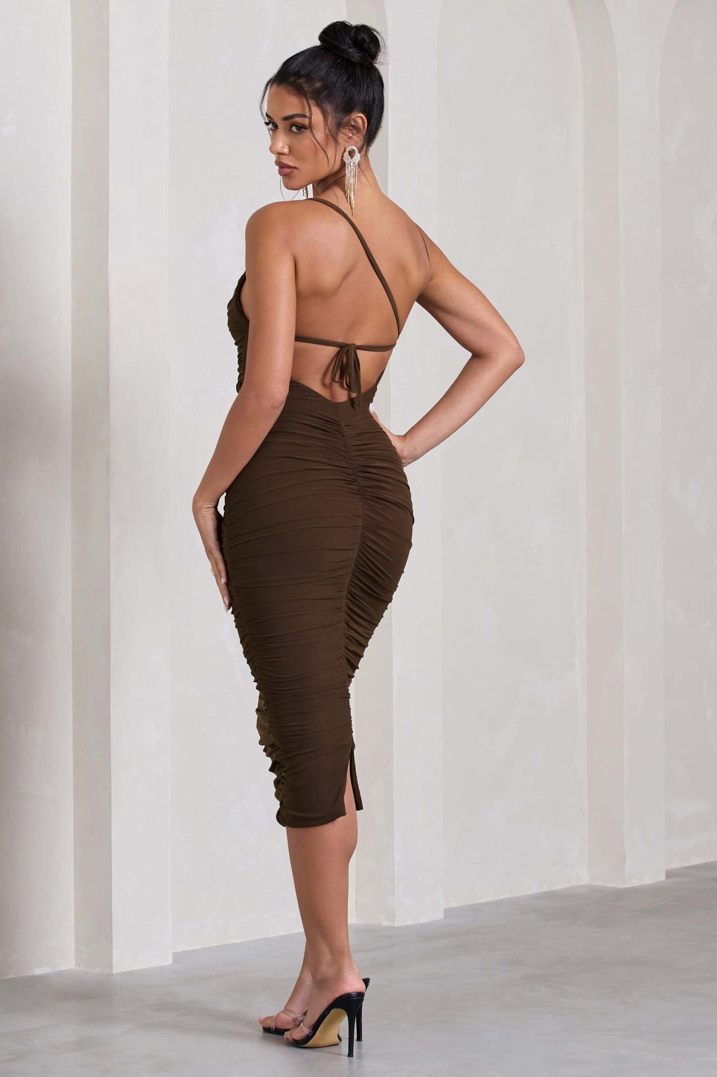 Bree Chocolate Ruched Mesh Strappy Bodycon Midi Dress-Fashionmomo.All Rights Reserved